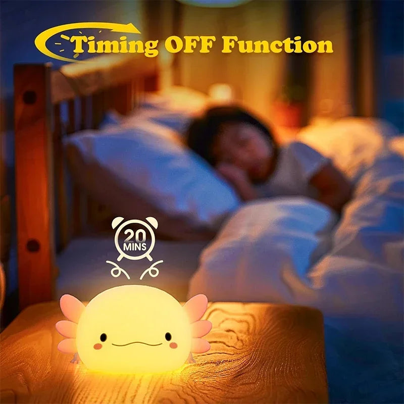 Cute Axolotl Silicone Night Light – Touch-Control USB Lamp