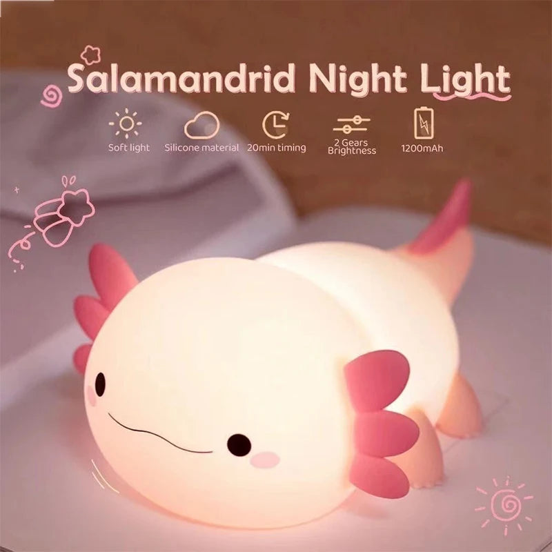 Cute Axolotl Silicone Night Light – Touch-Control USB Lamp